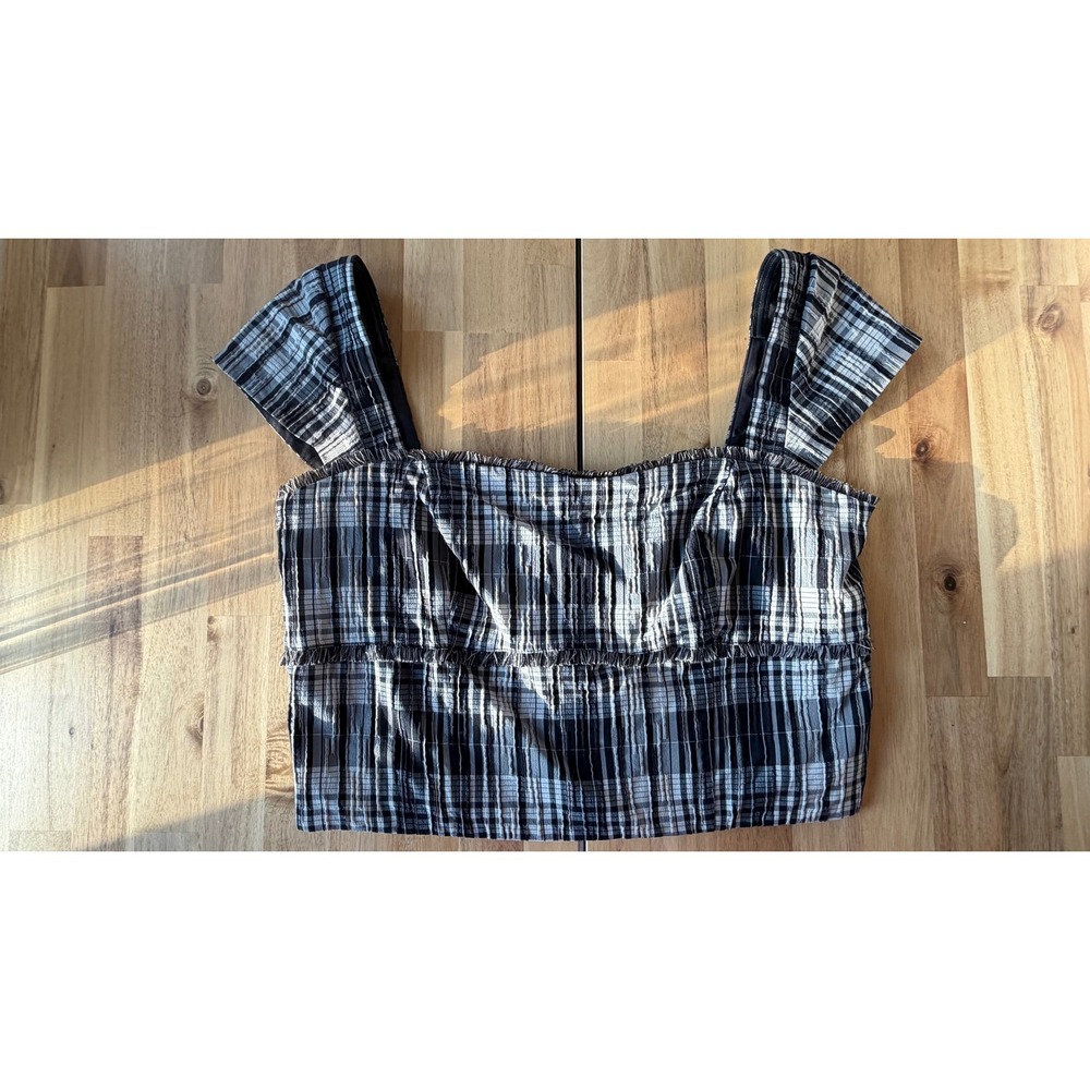 Antonio Melani Gretchen Plaid Fringe Crop Top Black Cream Size 14 NWT